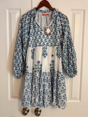 Oliphant Balloon Long Sleeve V Neck Mini Dress Size XXS NWT Terra Blue